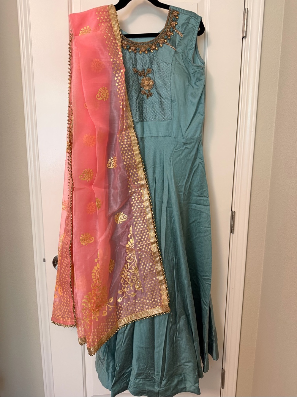Sage Green Anarkali Gown with Pink Dupatta
